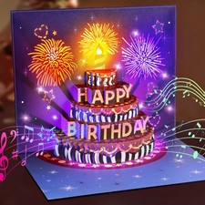 INPHER Birthday Cards Fireworks Pop Up Cake Light and Music Large, purple