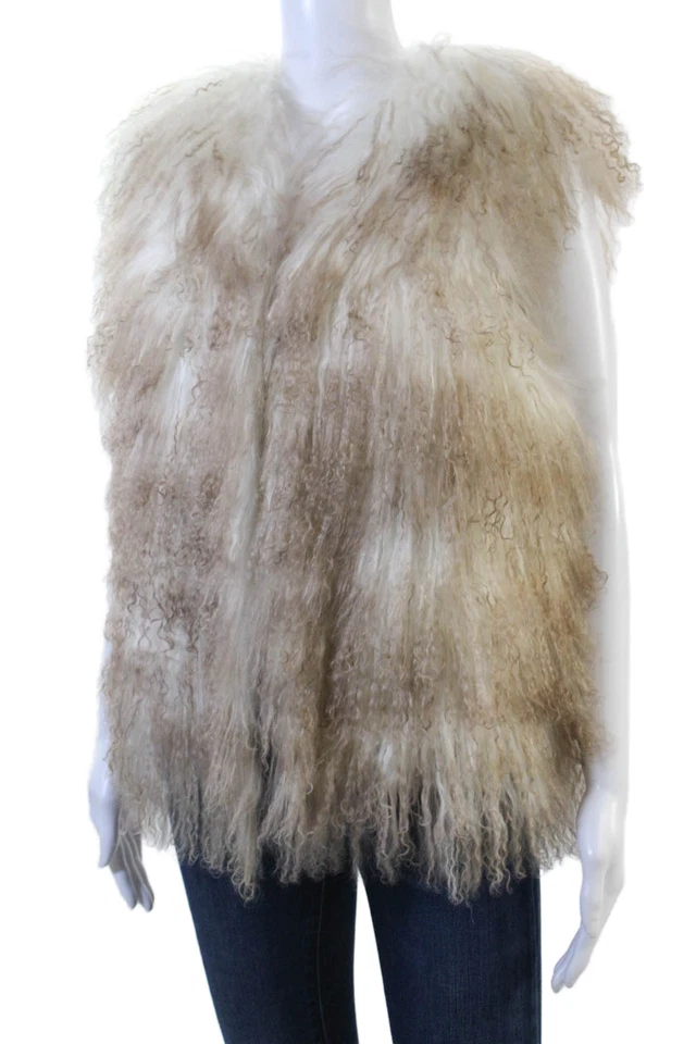 Adrienne Landau Mujer Piel Genuina Sin Mangas Chaleco Chaqueta Marrón Blanco Talla Pequeña Foto 3 de 4