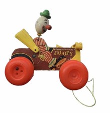 Fisher Price Toy Jolly Jalopy 724 Vintage Wood Plastic String Clown Pull Toy