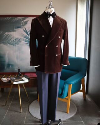 Eleganter Samt Herren Anzüge Zweireiher Bräutigam Abendessen Party Smoking Kleid Blazer