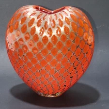 Vintage Red Heart Shaped Glass Vase Sculpture  With Silver Overlay Artist Signed