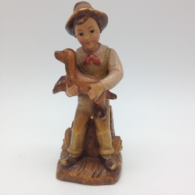 Vintage Anton Fischer Boy Holding Dog Wooden Figurine Rare Oberammergau