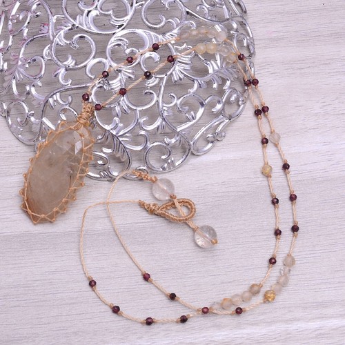 Hand Crafted Natural Rutile Quartz Checker Cut Boho Macrame Beaded Necklace - Picture 11 of 14