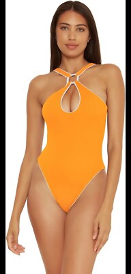 BECCA One Piece Swimsuit S Modern Edge Ribbed Mikayla High Neck Orange Burst Key