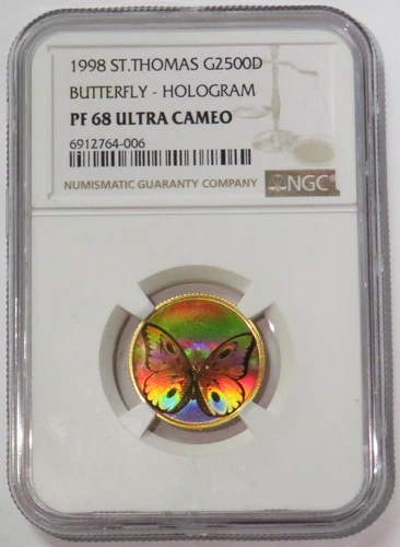 1998 GOLD ST. THOMAS 2500 DOBRAS HOLOGRAM BUTTERFLY NGC PROOF 68 ULTRA CAMEO