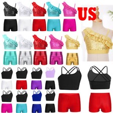Kids Girls Crop Top with Booty Shorts Gymnastics Leotard Dancewear Outfits