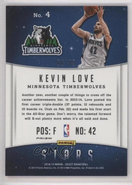 2013-14 Panini Select Stars Purple Prizm /99 Kevin Love #4 - Image 2 of 2