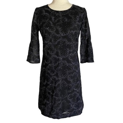 FRENCH CONNECTION Black Sequin Sparkle Bell Cuff Shift Dress Size 6 Mini