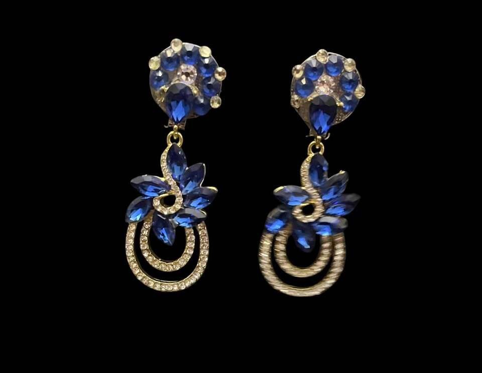 Blue and Gold Rhinestone Clip On Dangle Earrings