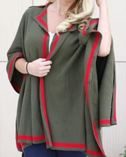 Talbots Womens Cape Collared Knit Sweater Shawl Poncho Olive Green/Red. One Size
