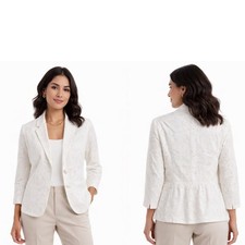 LOFT Ivory Eyelet Blazer 3/4 Sleeve Jacket Cotton Lined 10 Preppy Chic 88-79