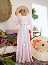 1970s Vintage Pastel Pink Polyester Prom Dress Lace Puffed Sleeves Sweetheart