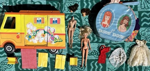Vintage 1960s-1970s Barbie Mattel Lot, Clothing Camper Van Dolls Extra Heads