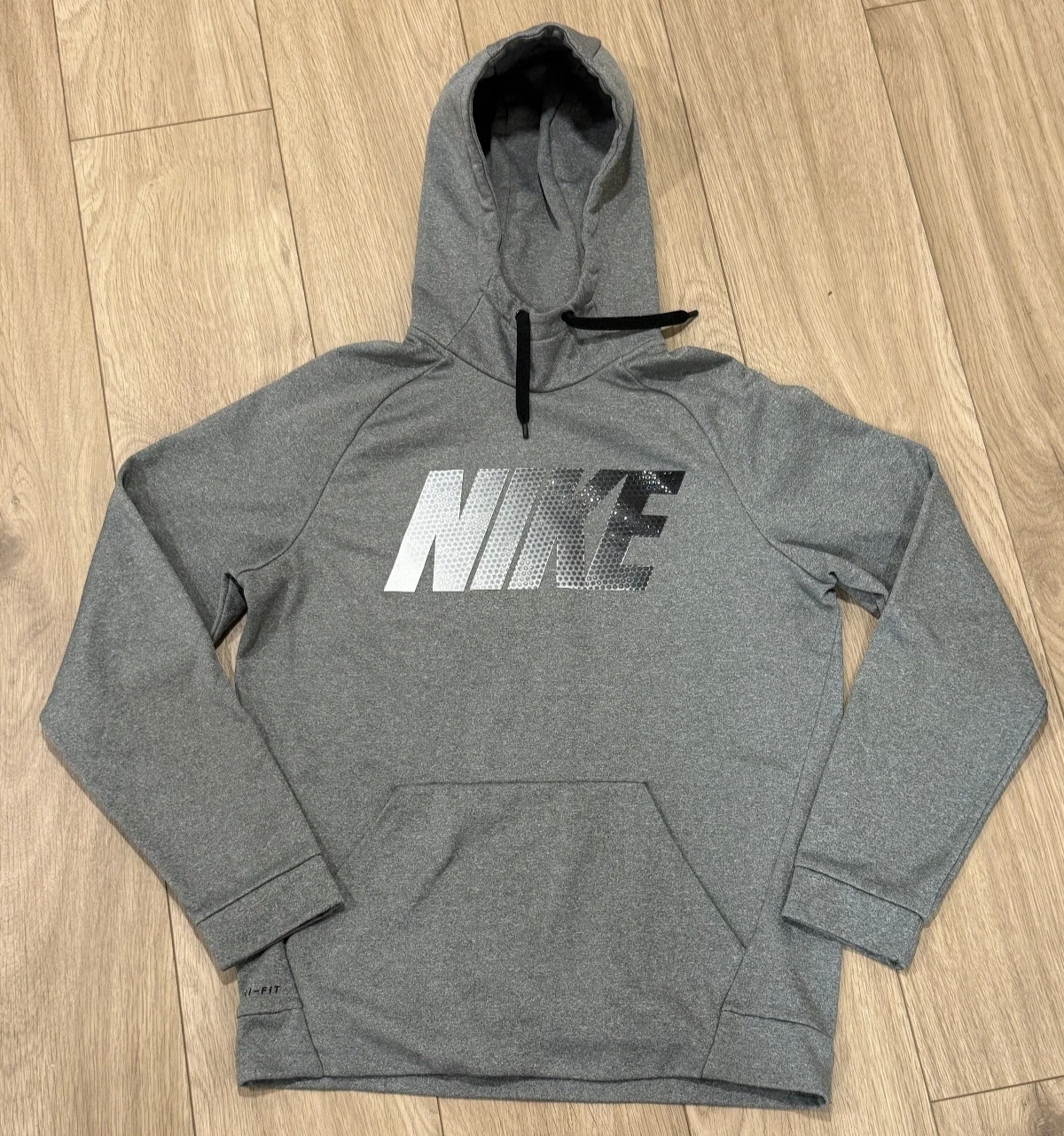 Nike Therma-Fit Hoodie Sweatshirt Spellout Logo Gray Mens Medium *FREE SHIPPING*
