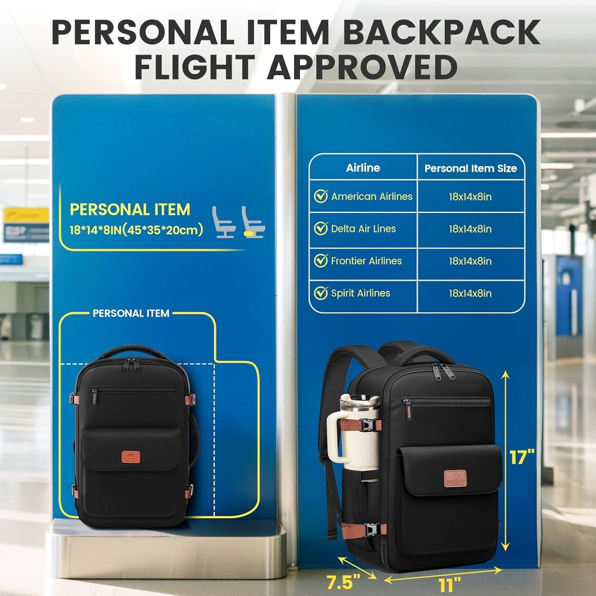 Anti Theft Personal Item Backpack 18x14x8 Underseat Travel