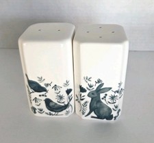 Ceramic Woodland Salt & Pepper Shakers Set Blue Colored Birds Mushrooms Bunny