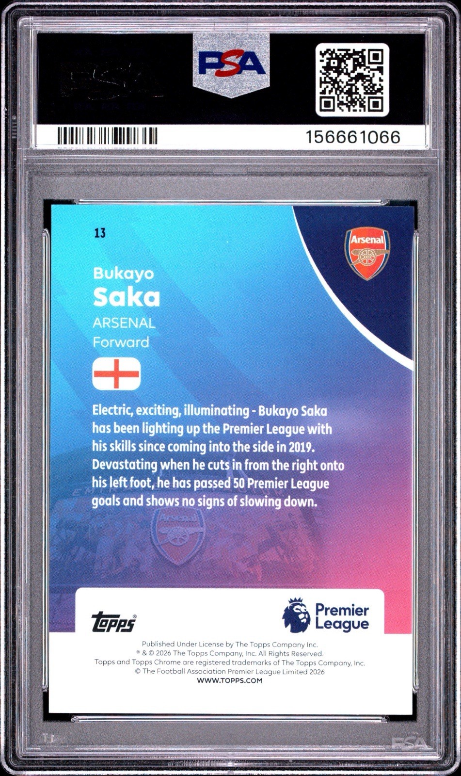 2025-26 Topps Chrome EPL Arsenal Bukayo Saka Black Geo /10 PSA10 POP1 view 2
