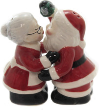 Fine Ceramic Kissing Santa  Mrs. Claus Salt  Pepper Shakers 3-3/8" Christmas P