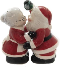 Fine Ceramic Kissing Santa & Mrs. Claus Salt & Pepper Shakers 3-3/8" Christmas P