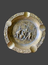 Vintage Brass Bronze Cigar Ashtray Embossed Colonial Old World Bar Scene Tavern