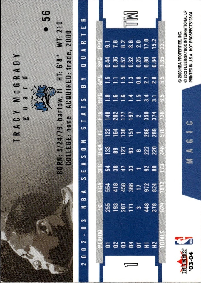 2003-04 Fleer NBA Hoops Hot Prospects #56 Tracy McGrady Orlando Magic - Image 2 of 2