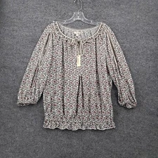 NEW Max Studio Top Womens L Large White Floral Ruffle Blouse Peasant 3/4 Sleeve