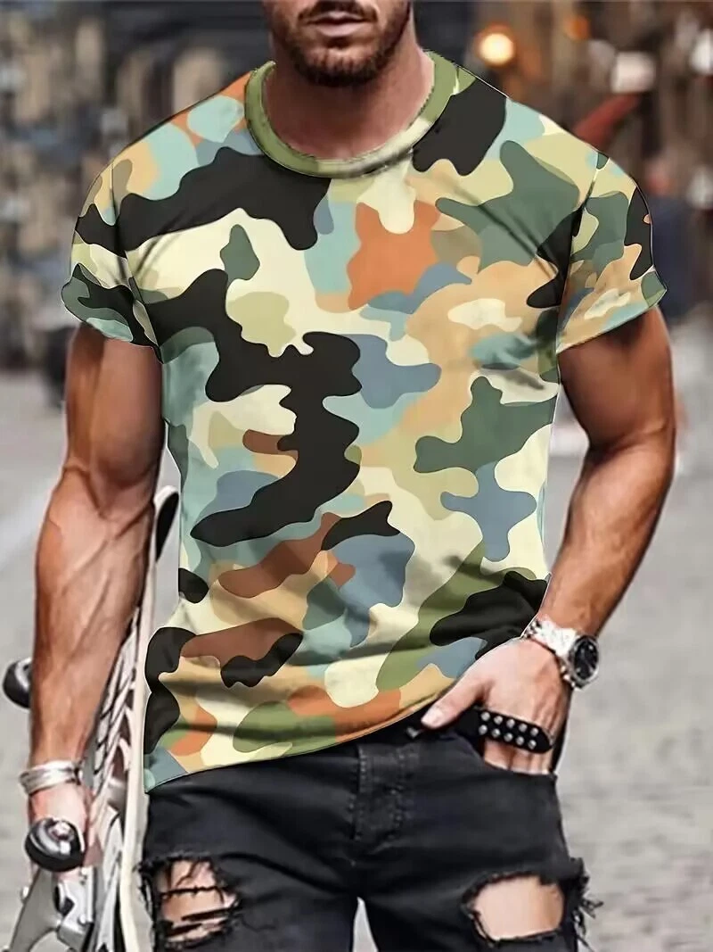 Creative Camo Print Men Summer Short Sleeve Round Neck Sports T-shirt - Picture 1 of 3