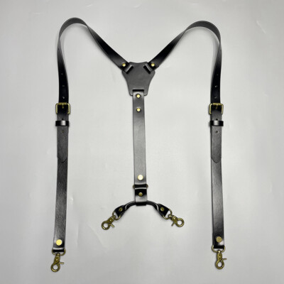 Black Leather 2cm H Y Back Tool Suspenders Hook to Belt + 3 Clips For Men Male