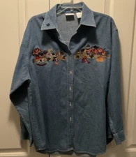 Vintage Bobbie Brooks Denim Shirt Embroidered Christmas Scene Cotton Size L EUC