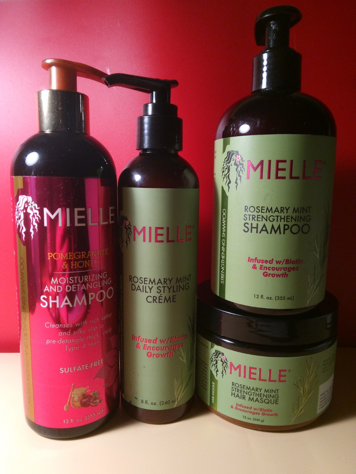 MIELLE Romero Menta Fortalecimiento Cuidado del Cabello Rizado PAQUETE ESPECIAL 4 PRODUCTOS