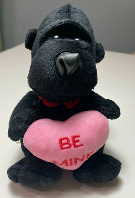 Atico Black Gorilla Ape Holds Pink Heart 'Be Mine' Red Bow Tie --Stuffed 7'' Tall