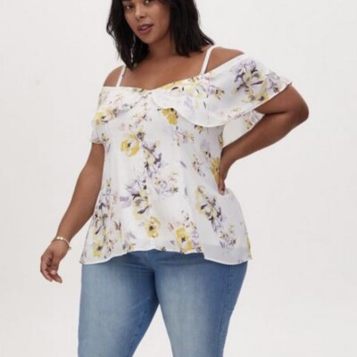 Torrid White Yellow Purple Floral Ruffle Georgette Cold Shoulder Top 2X