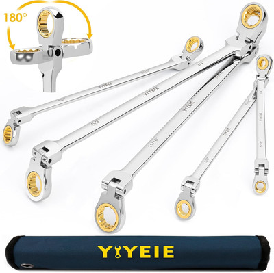 Extra Long Flex-Head Ratcheting Wrench Set, SAE 1/4'' to 13/16'', 5 Pcs Double Box