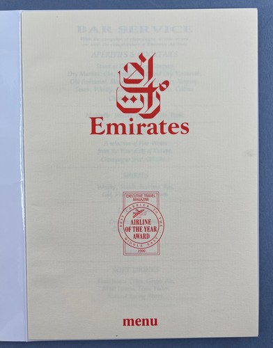 EMIRATES VINTAGE AIRLINE MENU MANILLA - HONG KONG - DUBAI 1991 EK - Picture 2 of 7