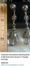 Authentic Konstantino sterling silver 925 & 18k gold clear Quartz 2” Dangle.