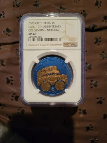 2005 LIBERIA GILT $5 EURO 1OTH ANNIVERSARY COLOSSEUM NIOBIUM NGC MS 69