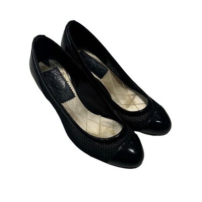 CHANEL Pumps Coco Mark Heel Mesh Patent Leather Black Women's Size EU34/US3.5