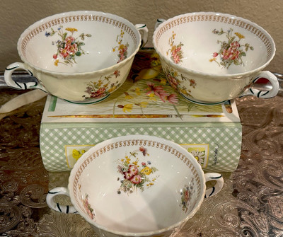 (3) ROYAL WORCESTER-c 1888-Double Handled-Bouillion/Broth-Bowls-Florals-Z1154-2