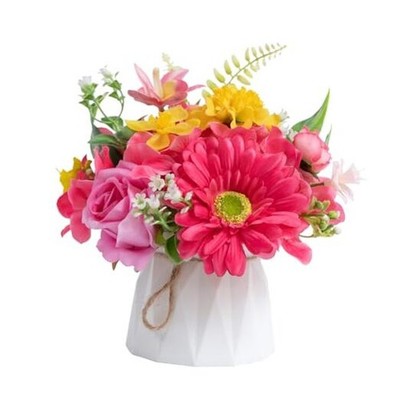  Small Fake Flowers in Plastic Vase 7'' Centerpieces Coffee Table Pink & Yellow