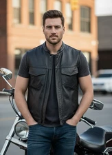 Mens Biker Black  Motorcycle Riding Genuine Leather Jacket  Vest With Side Laces