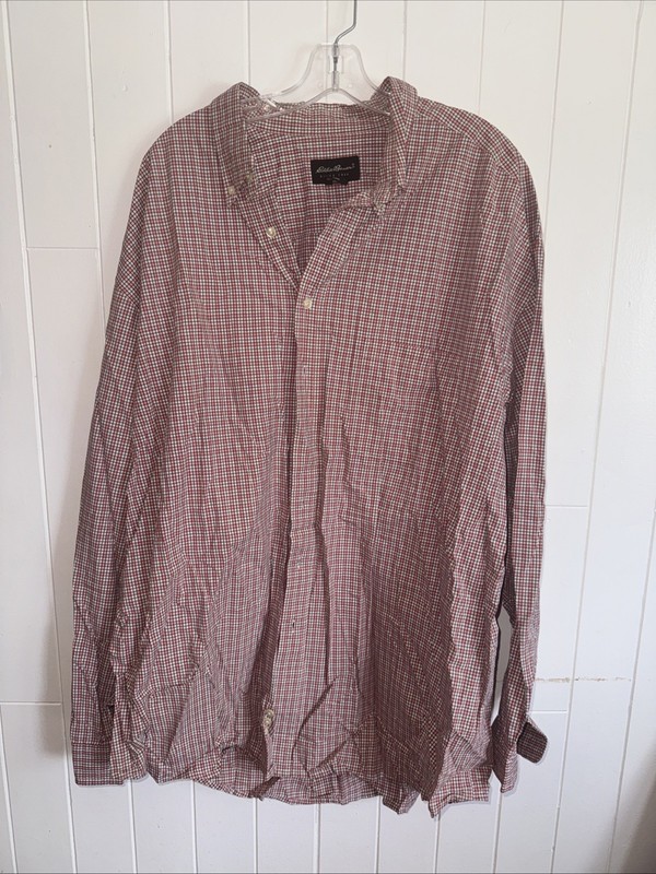 eddie bauer mens button up red  White Blue Checked shirt XXXL Tall Long Sleeve