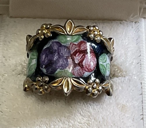 Vintage Vargas Sterling Vermeil Guilloché Enamel Floral Cigar Band Ring - SZ 9