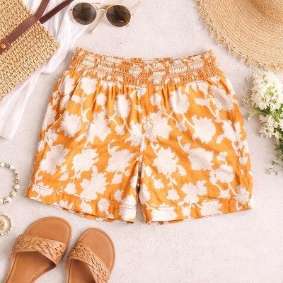 Briggs Linen Blend Floral Shorts Small Boho Cottagecore Summer Pull On Pumpkin