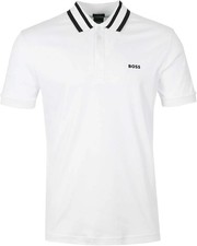 Hugo Boss Mens Paule White Cotton Stripe Detail Collar Polo Tee Shirt New