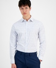 Alfani Mens Slim Fit Dress Shirt White Geometric - 17-17.5 36/37 XL