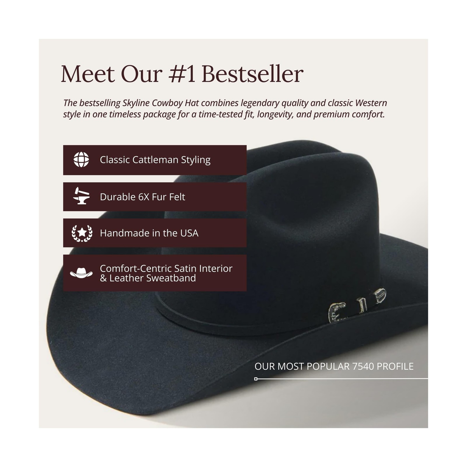 Stetson 7540 Skyline 6X Fur Cowboy Hat 7 1/4 Black image 3