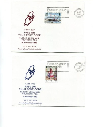 Isle of Man 1993 1st/last day Pass on your postcode slogan covers, Souther Deliv