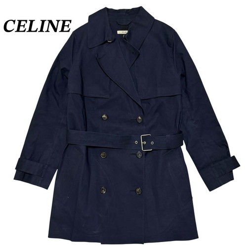 CELINE Trench Coat Phoebe Era Navy Belted Vintage Size 44 Length 83cm