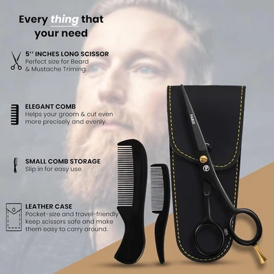 FABIX 5” Beard & Mustache Scissors Set with Combs and Travel Pouch