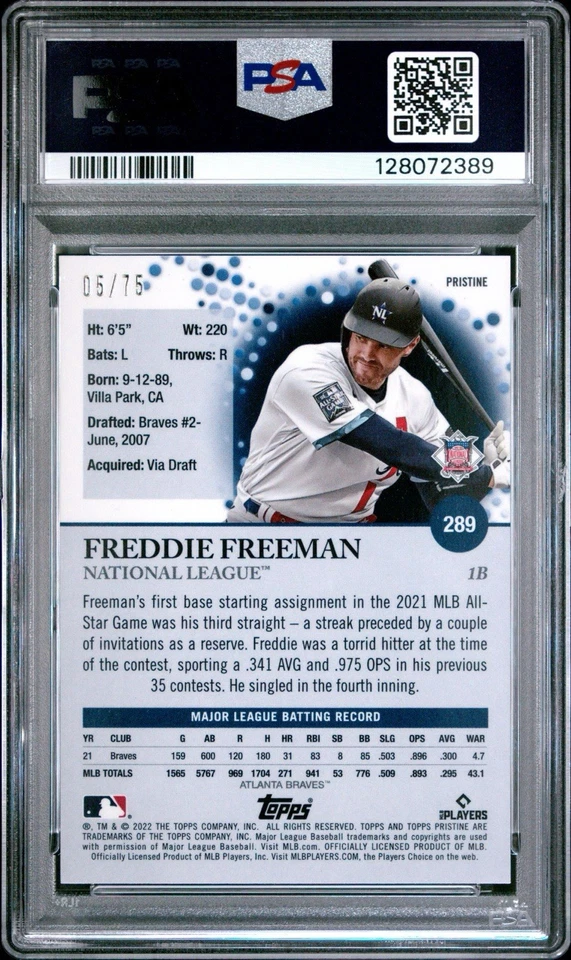 2022 Topps Pristine Blue Refractor /75 Freddie Freeman #289 PSA 9 MINT - Image 2 of 2
